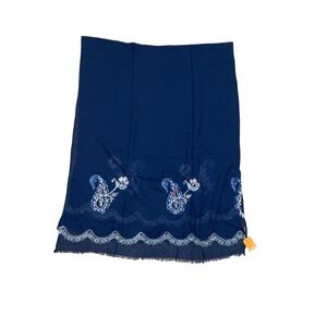 LOE Navy Blue Embroidered Floral Paisley Viscose Scarf Eyelash Fringe Wrap NWT